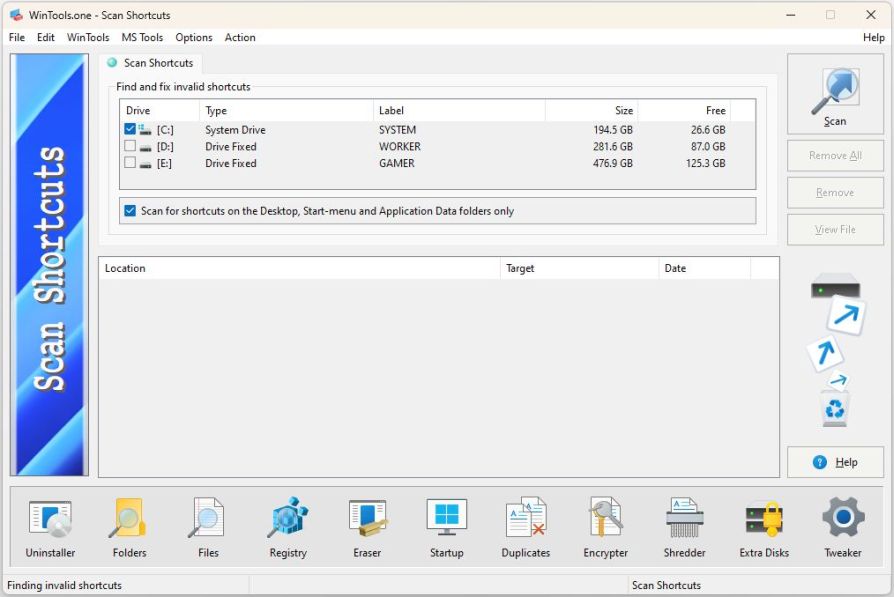WinTools.one Scan Shortcuts
