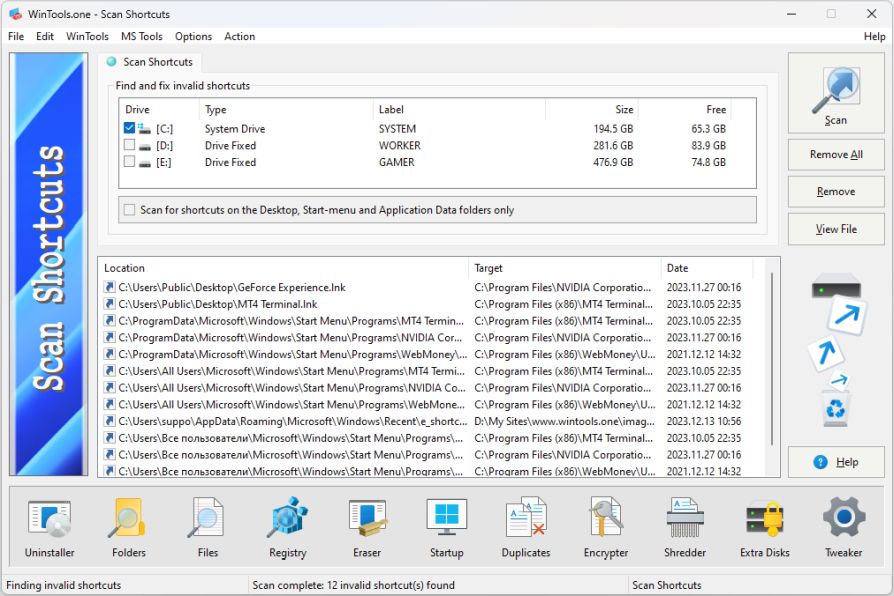 WinTools.one Scan Shortcuts